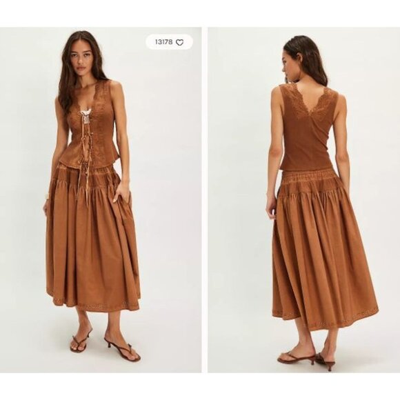 Free People Dresses & Skirts - Free People Gesibelle Set Womens XS Eyelet Tie Front Top Midi Skirt Boho Cottage